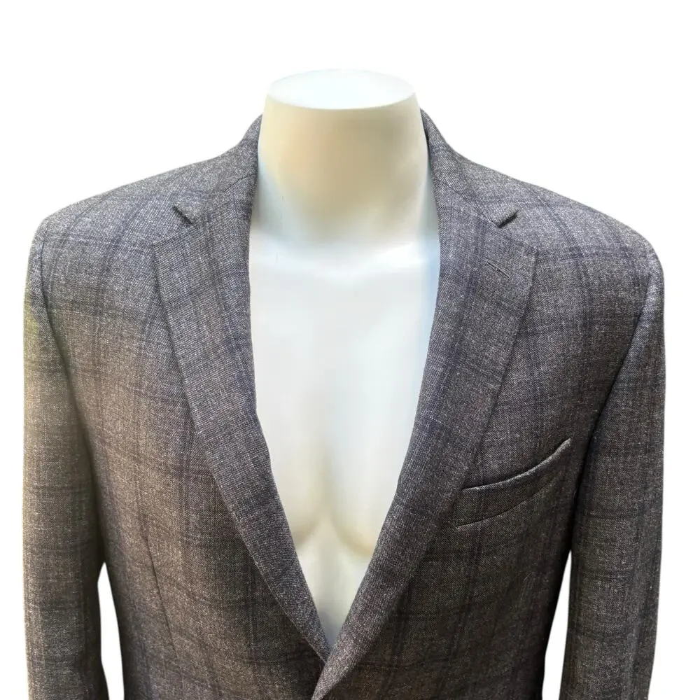 Jos A Bank Sport Coat Sz 42 Long Gray Windowpane Wool Silk Linen Single Breasted